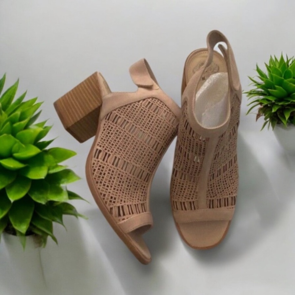 Vince Camuto Keannie Beige Laser Cutout Leather adjustable Block Heel Sandals
